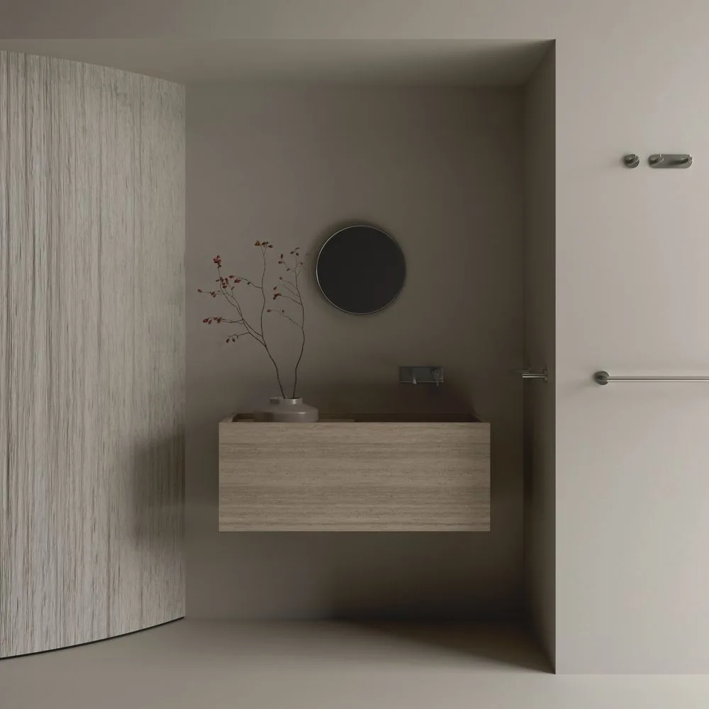 Умывальник подвесной Luxestone 110x40x50 см из керамогранита с бортиком, с щелевым сливом и съемной ревизией (Stonesink_model_8_1) - Фото 2